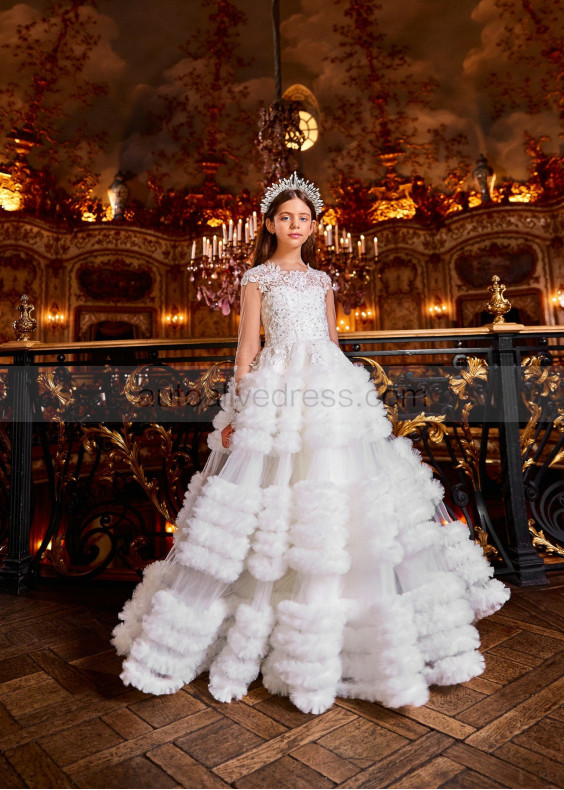 Beaded White Lace Tulle Ruffled Stunning Flower Girl Dress